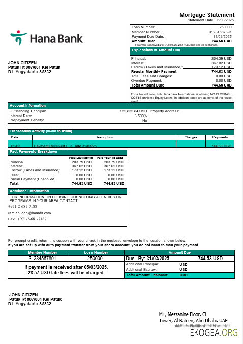 Relevé hypothécaire de la banque Keb Hana des Émirats arabes unis aux formats Word et PDF